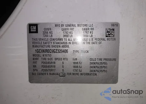 2016 Chevrolet Silverado 1500 2Lt from USA, damaged, VIN 1GCVKREC9GZ329406